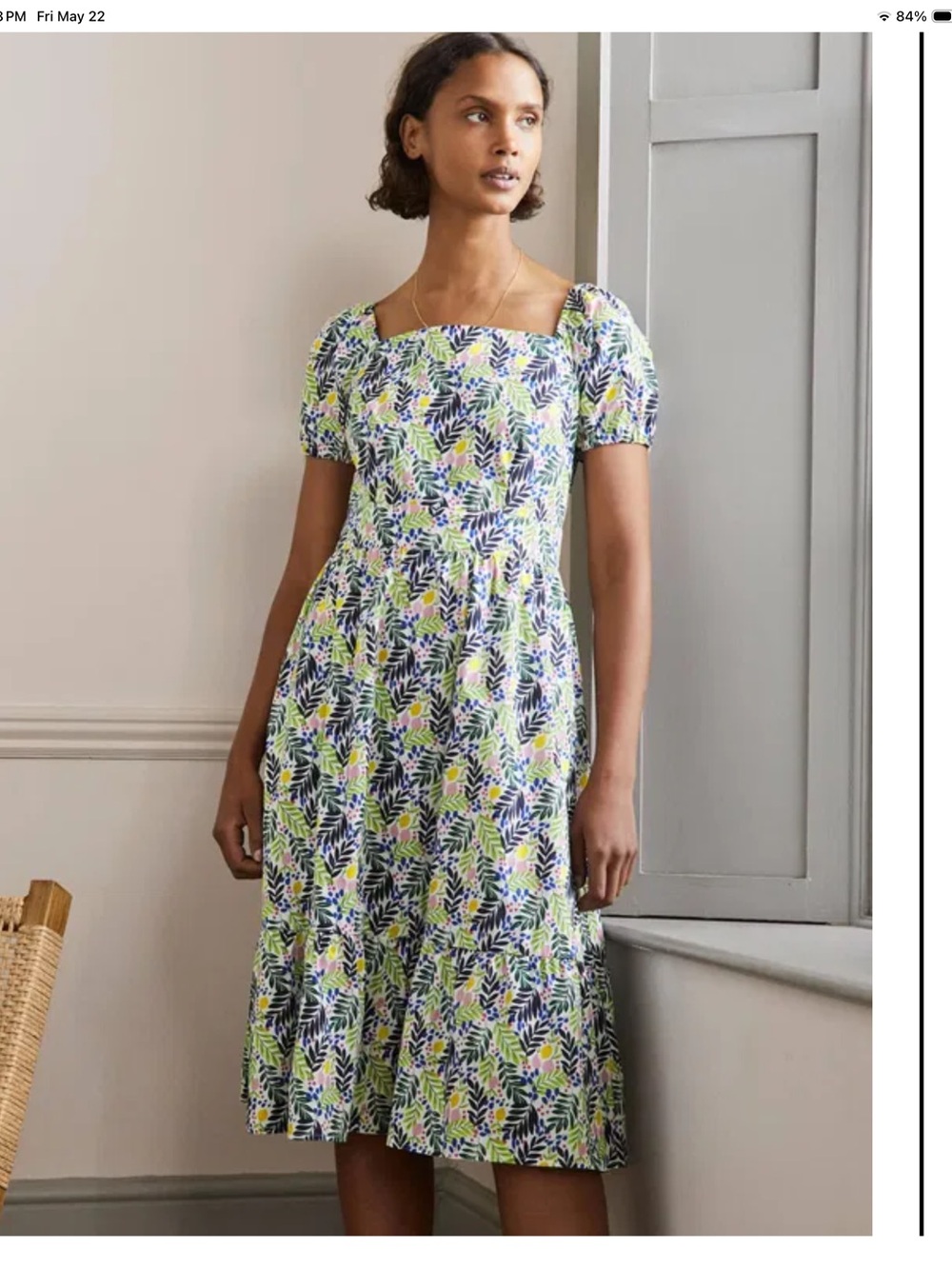 Boden Navy, Yellow & Pink Lemon-Print Puff-Sleeve Midi Dress